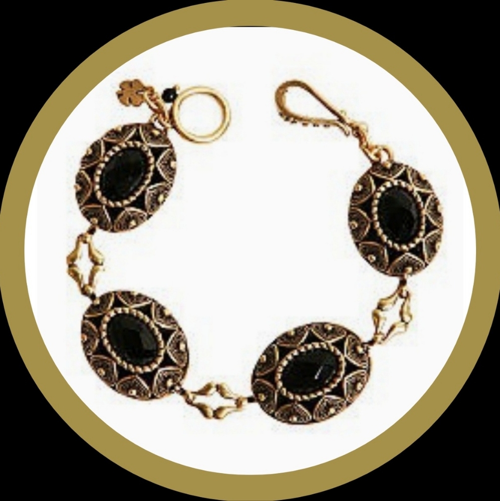 Lucky Brand Goldtone & Black Antique Style 8" Bracelet New - Picture 3 of 9
